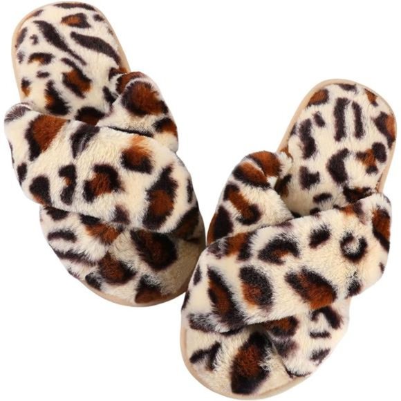 Shoes - Women's Fuzzy Memory Foam Slippers Cross Band Cozy Open Toe Slide Slipper